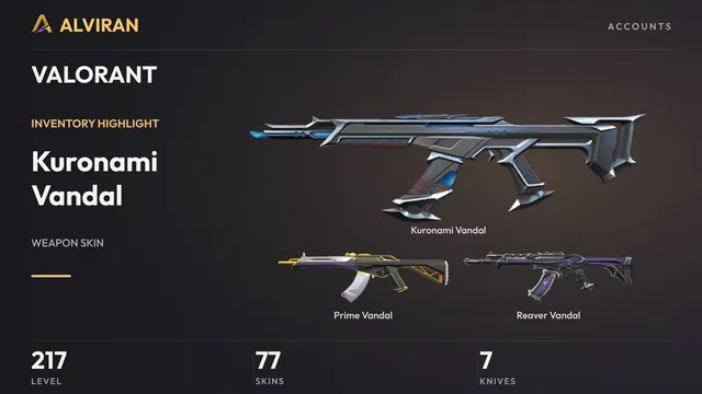 VALORANT · Level 217 · Kuronami Vandal, Prime Vandal, Reaver Vandal