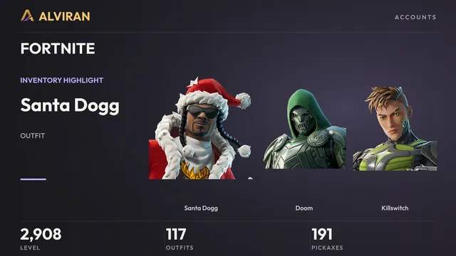 FORTNITE · Level 2908 · Santa Dogg, Doom, Killswitch