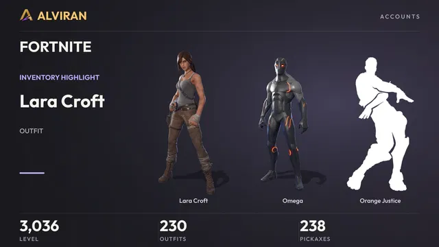 FORTNITE · Level 3036 · Lara Croft, Omega, Orange Justice