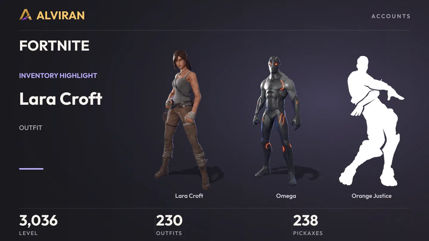 FORTNITE · Level 3036 · Lara Croft, Omega, Orange Justice