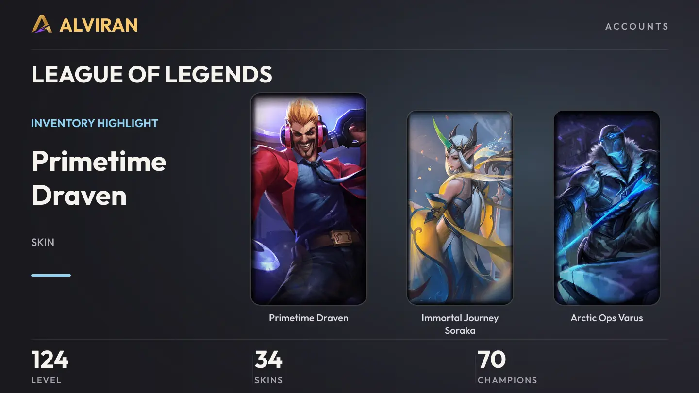 LEAGUE OF LEGENDS · Level 124 · Primetime Draven, Immortal Journey Soraka, Arctic Ops Varus