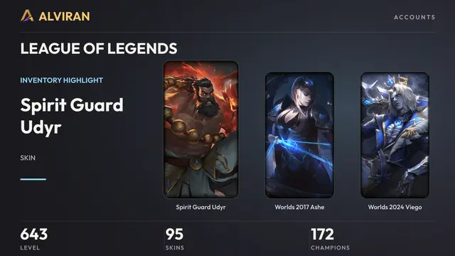 LEAGUE OF LEGENDS · Level 643 · Spirit Guard Udyr, Worlds 2017 Ashe, Worlds 2024 Viego