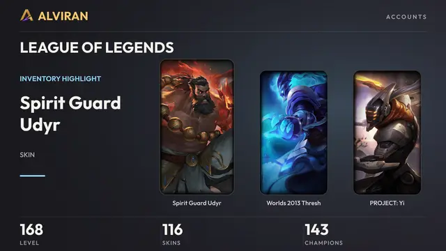 LEAGUE OF LEGENDS · Level 168 · Spirit Guard Udyr, Worlds 2013 Thresh, PROJECT: Yi