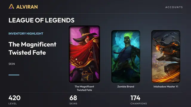 LEAGUE OF LEGENDS · Level 420 · The Magnificent Twisted Fate, Zombie Brand, Inkshadow Master Yi