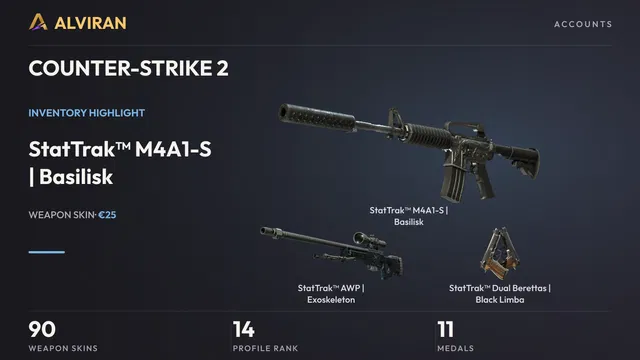 COUNTER-STRIKE 2 · Level 14 · StatTrak™ M4A1-S | Basilisk · Field-Tested, StatTrak™ AWP | Exoskeleton · Battle-Scarred, StatTrak™ Dual Berettas | Black Limba · Field-Tested