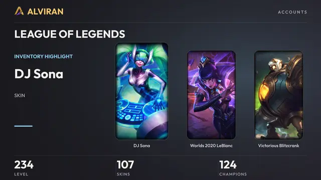 LEAGUE OF LEGENDS · Level 234 · DJ Sona, Worlds 2020 LeBlanc, Victorious Blitzcrank