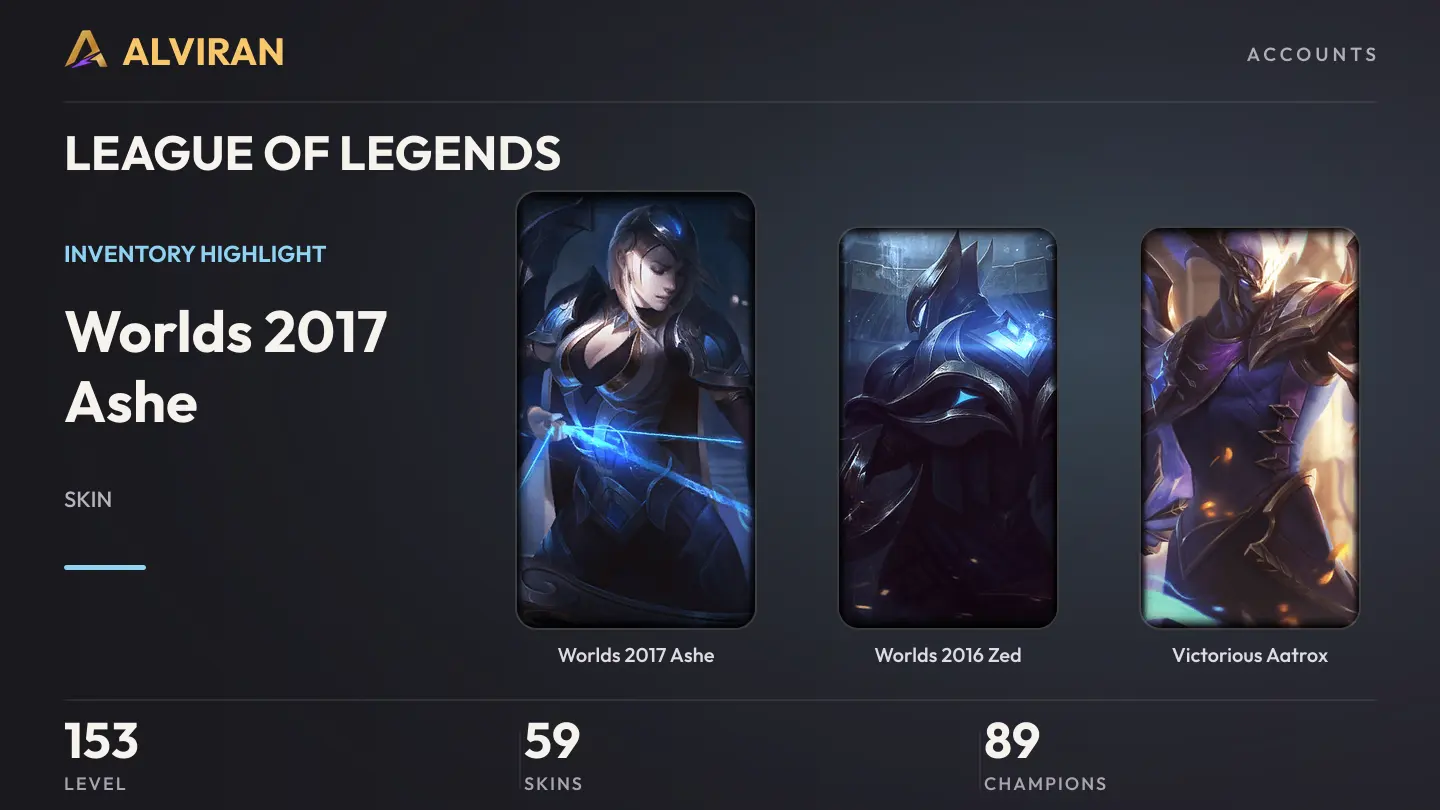 LEAGUE OF LEGENDS · Level 153 · Worlds 2017 Ashe, Worlds 2016 Zed, Victorious Aatrox