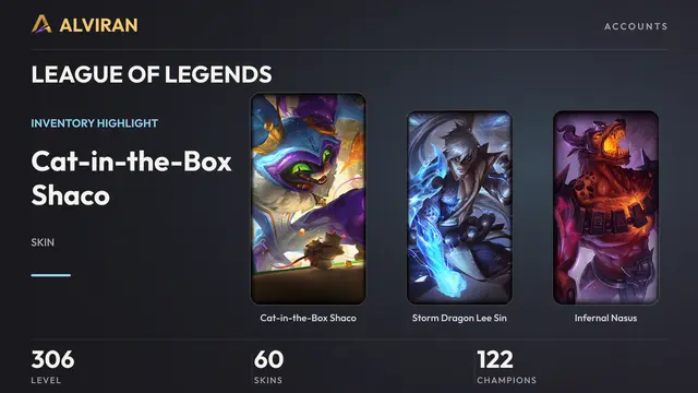 LEAGUE OF LEGENDS · Level 306 · Cat-in-the-Box Shaco, Storm Dragon Lee Sin, Infernal Nasus