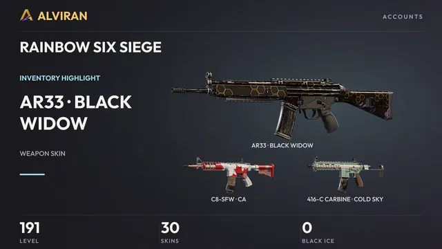 RAINBOW SIX SIEGE · Level 191 · BLACK WIDOW · AR33, CA · C8-SFW, COLD SKY · 416-C CARBINE