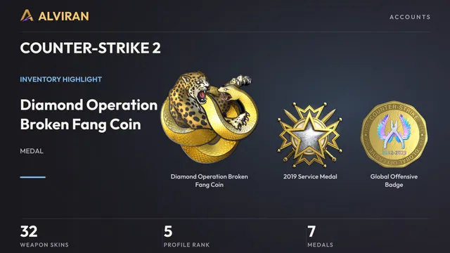 COUNTER-STRIKE 2 · Level 5 · Diamond Operation Broken Fang Coin, 2019 Service Medal, Global Offensive Badge