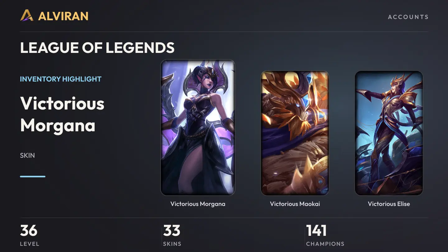 LEAGUE OF LEGENDS · Level 36 · Victorious Morgana, Victorious Maokai, Victorious Elise