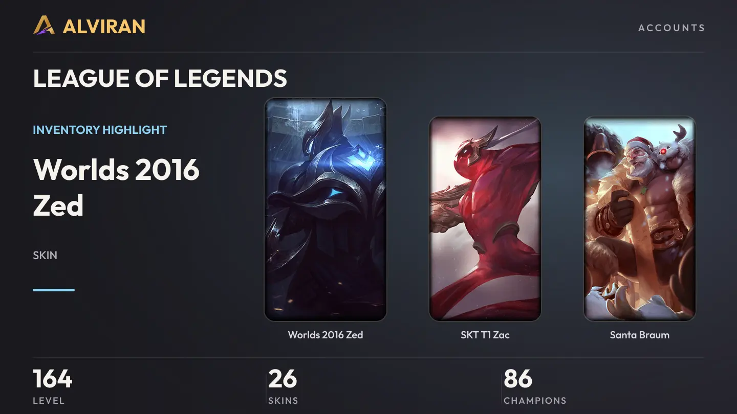 LEAGUE OF LEGENDS · Level 164 · Worlds 2016 Zed, SKT T1 Zac, Santa Braum