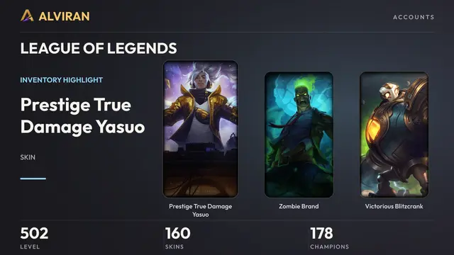 LEAGUE OF LEGENDS · Level 502 · Prestige True Damage Yasuo, Zombie Brand, Victorious Blitzcrank
