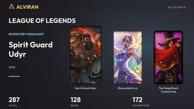 LEAGUE OF LEGENDS · Level 287 · Spirit Guard Udyr, Elementalist Lux, The Magnificent Twisted Fate