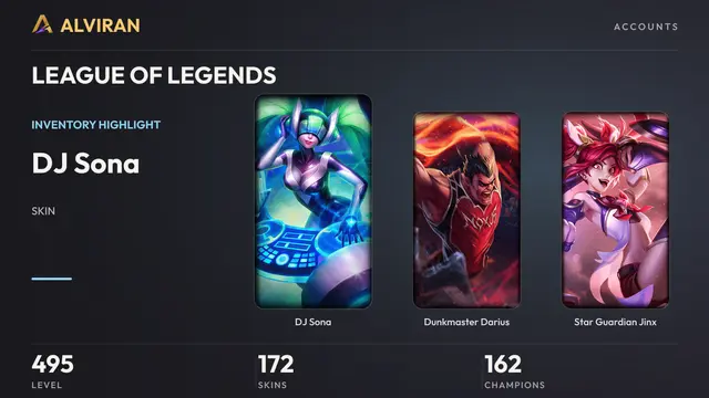 LEAGUE OF LEGENDS · Level 495 · DJ Sona, Dunkmaster Darius, Star Guardian Jinx