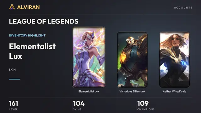 LEAGUE OF LEGENDS · Level 161 · Elementalist Lux, Victorious Blitzcrank, Aether Wing Kayle