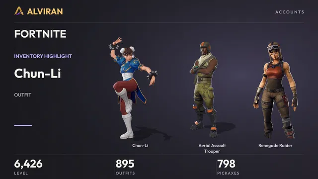 FORTNITE · Level 6426 · Chun-Li, Aerial Assault Trooper, Renegade Raider