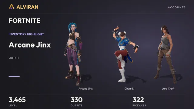 FORTNITE · Level 3465 · Arcane Jinx, Chun-Li, Lara Croft