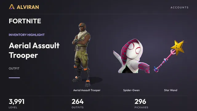 FORTNITE · Level 3991 · Aerial Assault Trooper, Spider-Gwen, Star Wand