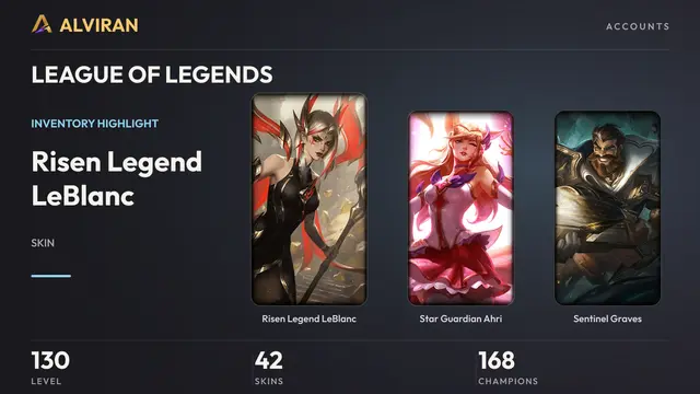 LEAGUE OF LEGENDS · Level 130 · Risen Legend LeBlanc, Star Guardian Ahri, Sentinel Graves