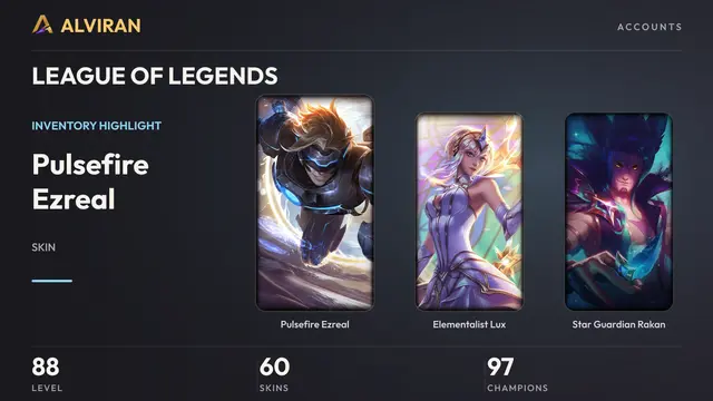 LEAGUE OF LEGENDS · Level 88 · Pulsefire Ezreal, Elementalist Lux, Star Guardian Rakan