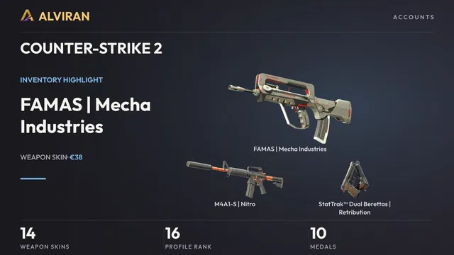 COUNTER-STRIKE 2 · Level 16 · FAMAS | Mecha Industries · Field-Tested, M4A1-S | Nitro · Factory New, StatTrak™ Dual Berettas | Retribution · Factory New