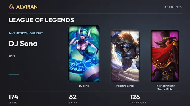 LEAGUE OF LEGENDS · Level 174 · DJ Sona, Pulsefire Ezreal, The Magnificent Twisted Fate