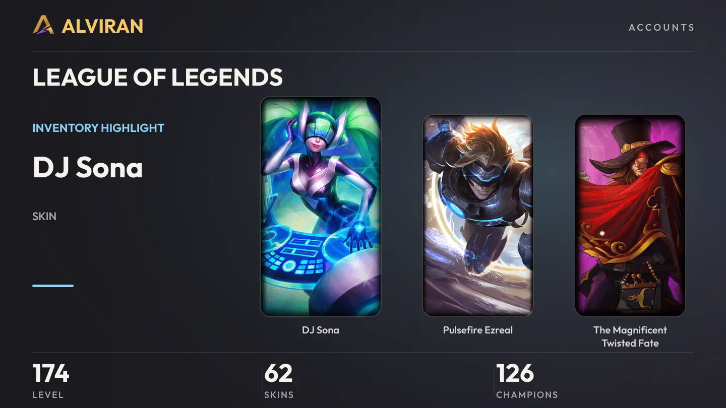 LEAGUE OF LEGENDS · Level 174 · DJ Sona, Pulsefire Ezreal, The Magnificent Twisted Fate