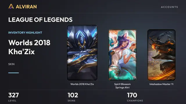LEAGUE OF LEGENDS · Level 327 · Worlds 2018 Kha'Zix, Spirit Blossom Springs Ahri, Inkshadow Master Yi