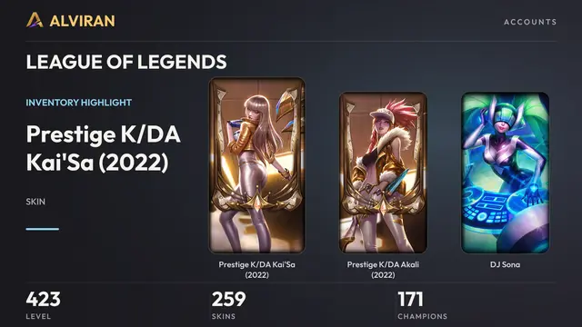 LEAGUE OF LEGENDS · Level 423 · Prestige K/DA Kai'Sa (2022), Prestige K/DA Akali (2022), DJ Sona