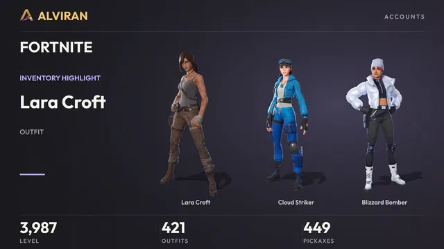 FORTNITE · Level 3987 · Lara Croft, Cloud Striker, Blizzard Bomber