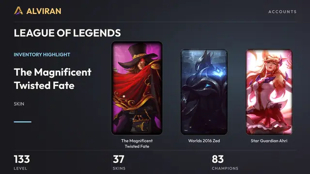 LEAGUE OF LEGENDS · Level 133 · The Magnificent Twisted Fate, Worlds 2016 Zed, Star Guardian Ahri
