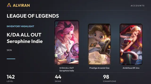 LEAGUE OF LEGENDS · Level 142 · K/DA ALL OUT Seraphine Indie, Prestige Arcanist Zoe, Ambitious Elf Jinx