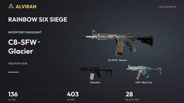 RAINBOW SIX SIEGE · Level 136 · Glacier · C8-SFW, Obsidian, Black Ice · MP5