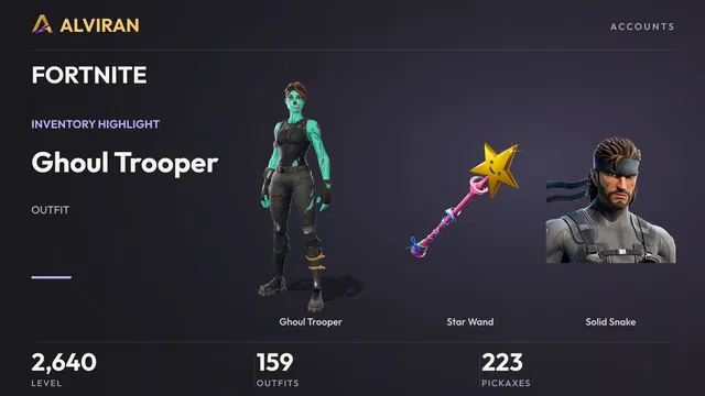 FORTNITE · Level 2640 · Ghoul Trooper, Star Wand, Solid Snake
