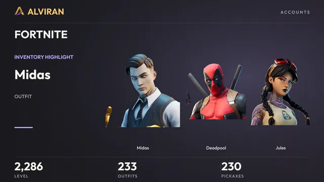 FORTNITE · Level 2286 · Midas, Deadpool, Jules