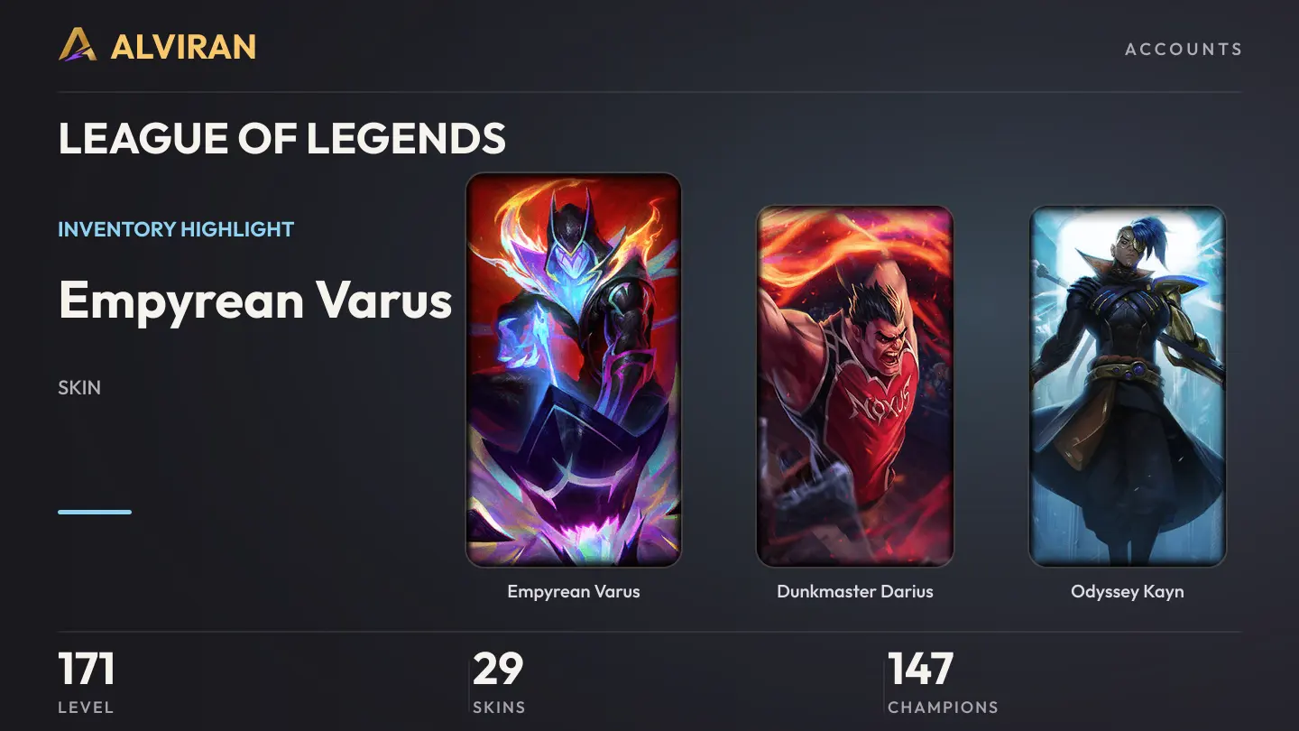 LEAGUE OF LEGENDS · Level 171 · Empyrean Varus, Dunkmaster Darius, Odyssey Kayn