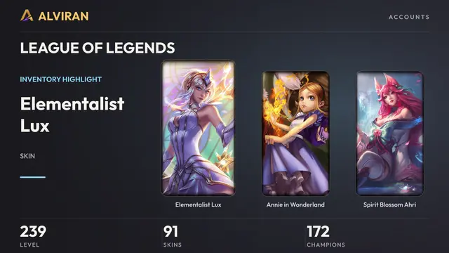 LEAGUE OF LEGENDS · Level 239 · Elementalist Lux, Annie in Wonderland, Spirit Blossom Ahri