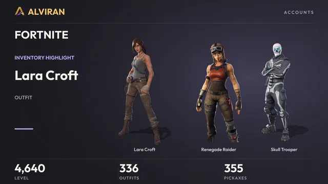 FORTNITE · Level 4640 · Lara Croft, Renegade Raider, Skull Trooper