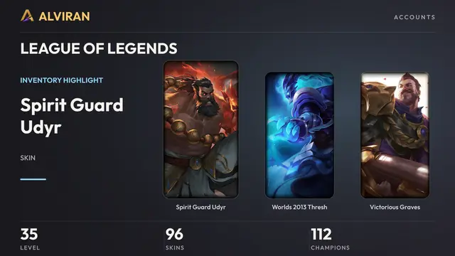 LEAGUE OF LEGENDS · Level 35 · Spirit Guard Udyr, Worlds 2013 Thresh, Victorious Graves
