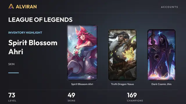 LEAGUE OF LEGENDS · Level 73 · Spirit Blossom Ahri, Truth Dragon Yasuo, Dark Cosmic Jhin