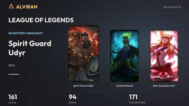 LEAGUE OF LEGENDS · Level 161 · Spirit Guard Udyr, Zombie Brand, Star Guardian Ahri