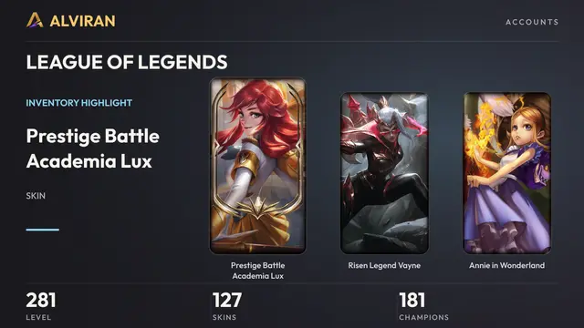 LEAGUE OF LEGENDS · Level 281 · Prestige Battle Academia Lux, Risen Legend Vayne, Annie in Wonderland