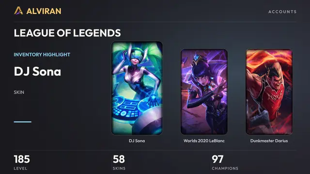 LEAGUE OF LEGENDS · Level 185 · DJ Sona, Worlds 2020 LeBlanc, Dunkmaster Darius
