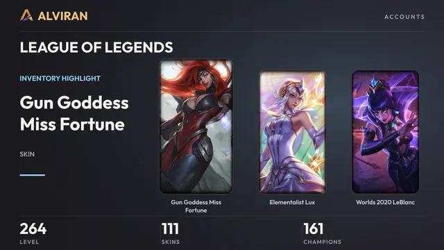 LEAGUE OF LEGENDS · Level 264 · Gun Goddess Miss Fortune, Elementalist Lux, Worlds 2020 LeBlanc