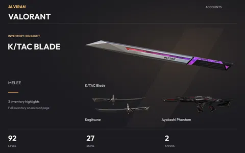 VALORANT · Level 92 · K/TAC Blade · Melee, Kogitsune · Melee, Ayakashi Phantom