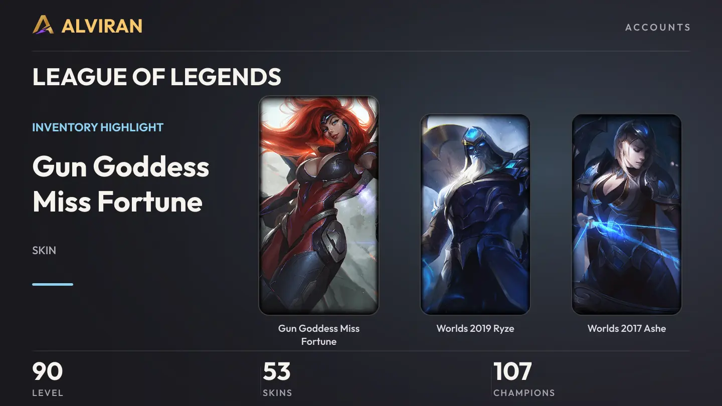LEAGUE OF LEGENDS · Level 90 · Gun Goddess Miss Fortune, Worlds 2019 Ryze, Worlds 2017 Ashe