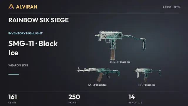 RAINBOW SIX SIEGE · Level 161 · Black Ice · SMG-11, Black Ice · AK-12, Black Ice · MP7