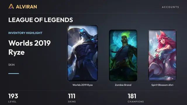 LEAGUE OF LEGENDS · Level 193 · Worlds 2019 Ryze, Zombie Brand, Spirit Blossom Ahri