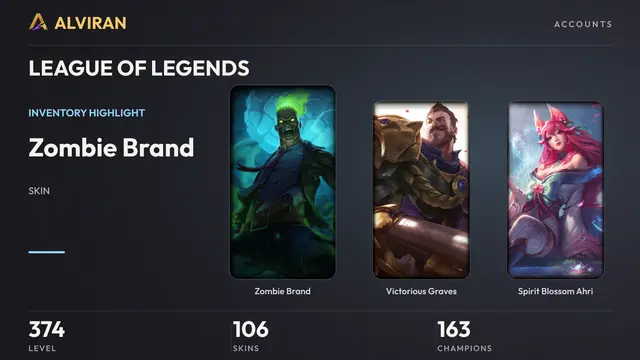 LEAGUE OF LEGENDS · Level 374 · Zombie Brand, Victorious Graves, Spirit Blossom Ahri